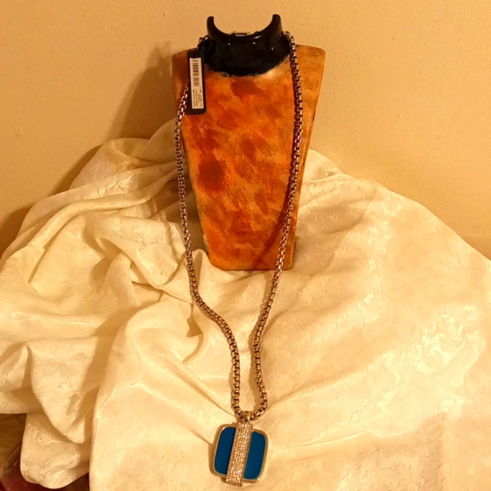 Ann Taylor Long blue enamel and rhinestone pendent silver tone chain nec…